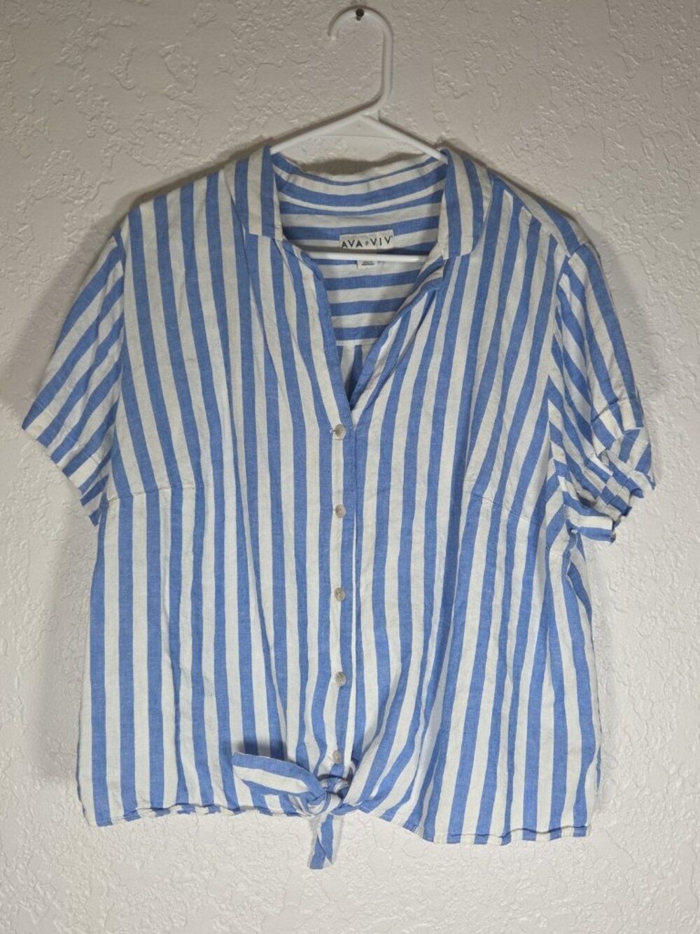 Ava & Viv Womens XXL Blue White Striped Linen Blend Tie Front Button Down Shirt